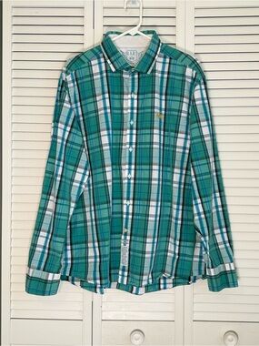 La Martina Mens Shirt Slim Fit Green Blue Plaid Embroidered Logo Button Down XXL